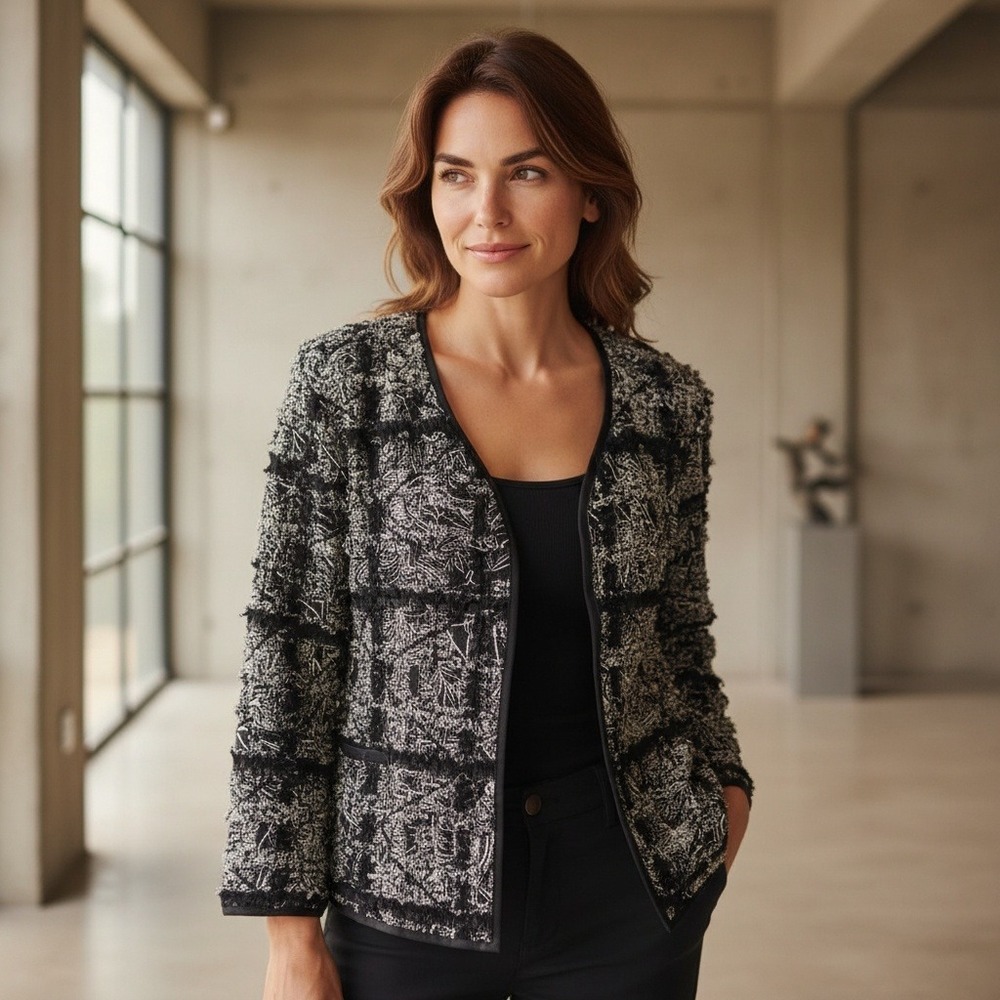 Chicos Textured Silk Blend Jacket Jacquard Open Front Blazer Black White Size M